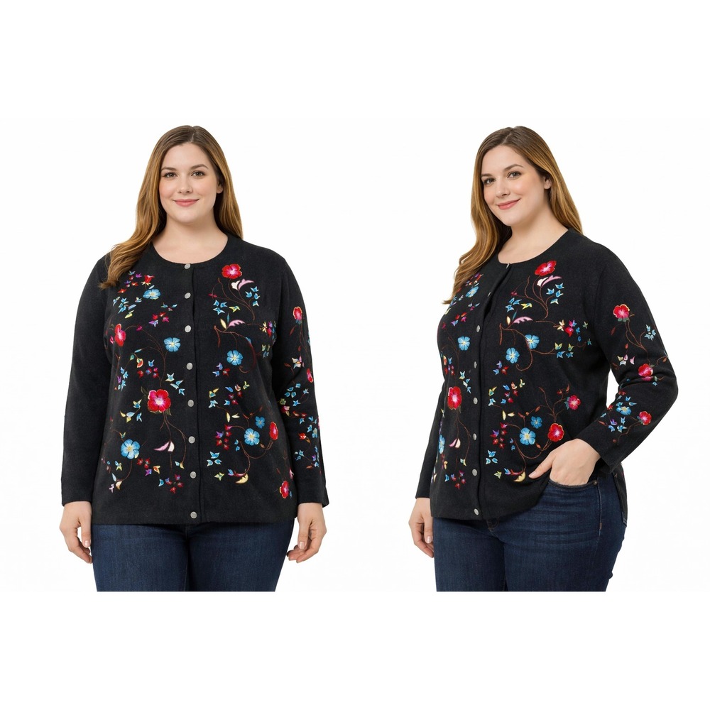 Carroll Reed Women Cardigan XL Black Wool Floral Embroidered Button Cozy Sweater